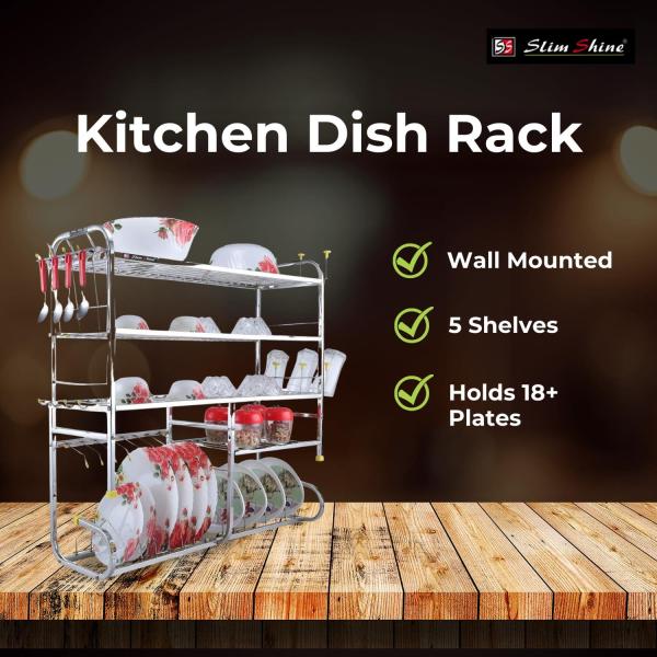 OSE-Kitchen Dish Rack | Wall Mounted | 5 Shelves | Stainless Steel | Holds 18+ Plates | Space-Saving | Rustproof | Easy Assembly (30 X 32 INCH)