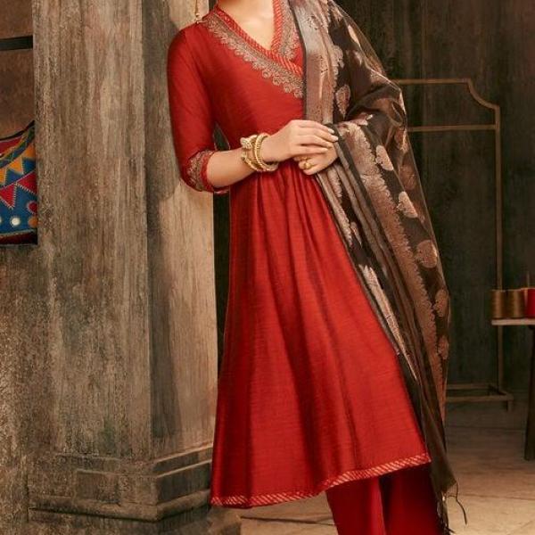 BIBA-Rust Embroidered Angrakha Festive Anarkali Suit Set