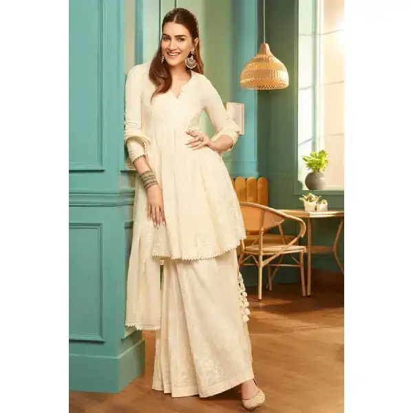 BIBA-Off-White Cotton Embroidered Flared Suit Set