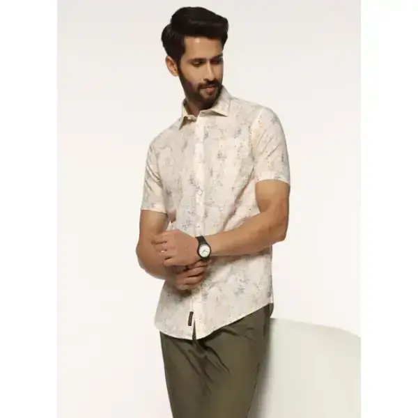 BLACKBERRYS-Linen Casual Half Sleeve Beige Printed Shirt - Gabin