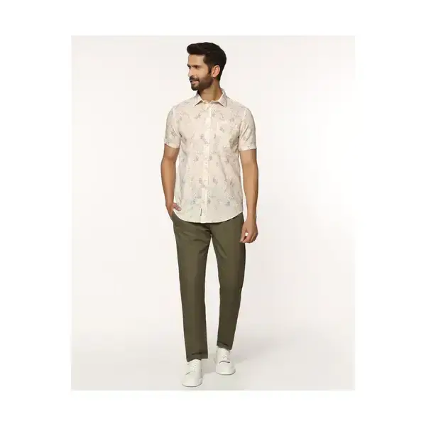 BLACKBERRYS-Linen Casual Half Sleeve Beige Printed Shirt - Gabin