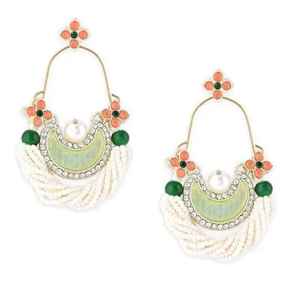 Zaveri Pearls Green & Peach Dazzling Stones Cresent Ethnic Dangle Earring For Women -ZPFK16397