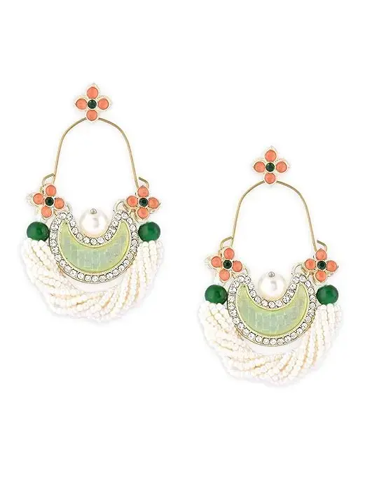 Zaveri Pearls Green & Peach Dazzling Stones Cresent Ethnic Dangle Earring For Women -ZPFK16397