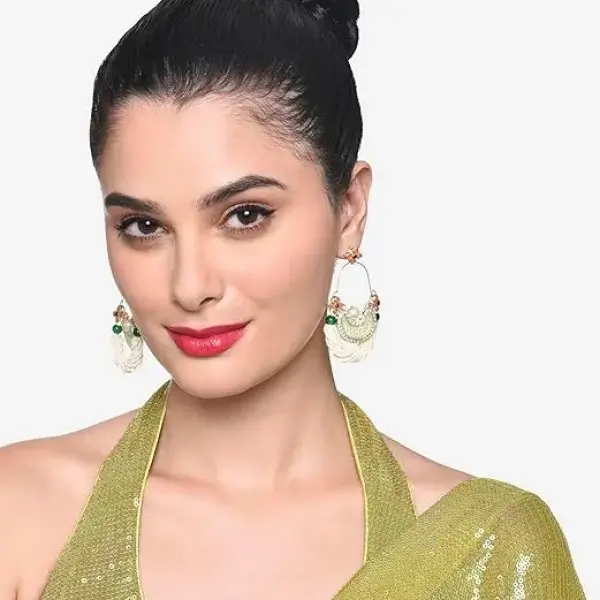 Zaveri Pearls Green & Peach Dazzling Stones Cresent Ethnic Dangle Earring For Women -ZPFK16397