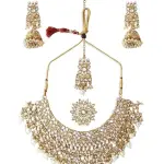 ZAVERI PEARLS Gold Tone Kundan Choker Necklace Earring Maangtikka & Ring Set For Women-ZPFK10799
