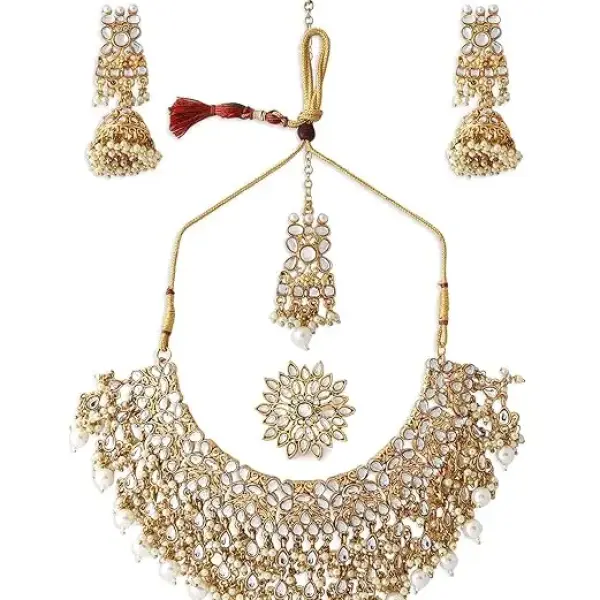 ZAVERI PEARLS Gold Tone Kundan Choker Necklace Earring Maangtikka & Ring Set For Women-ZPFK10799