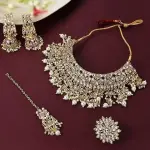 ZAVERI PEARLS Gold Tone Kundan Choker Necklace Earring Maangtikka & Ring Set For Women-ZPFK10799