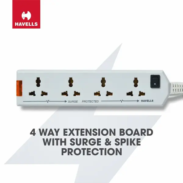 Havells 4 Way Extension Board With Surge & Spike Protection|For Power Requirements up to 1440W |1.5 Mtr High Quality