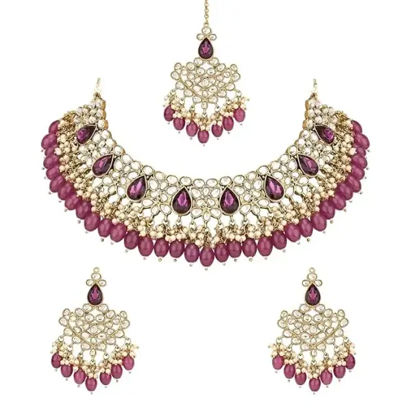 I Jewels Gold Plated Traditional Kundan Pearl Hanging Choker Necklace Jewellery Set With Earrings & Maang Tikka For Women & Girls