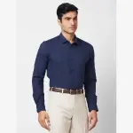 Raymond-Park Avenue Blue Solid Slim Fit Cotton Blend Formal Shirt
