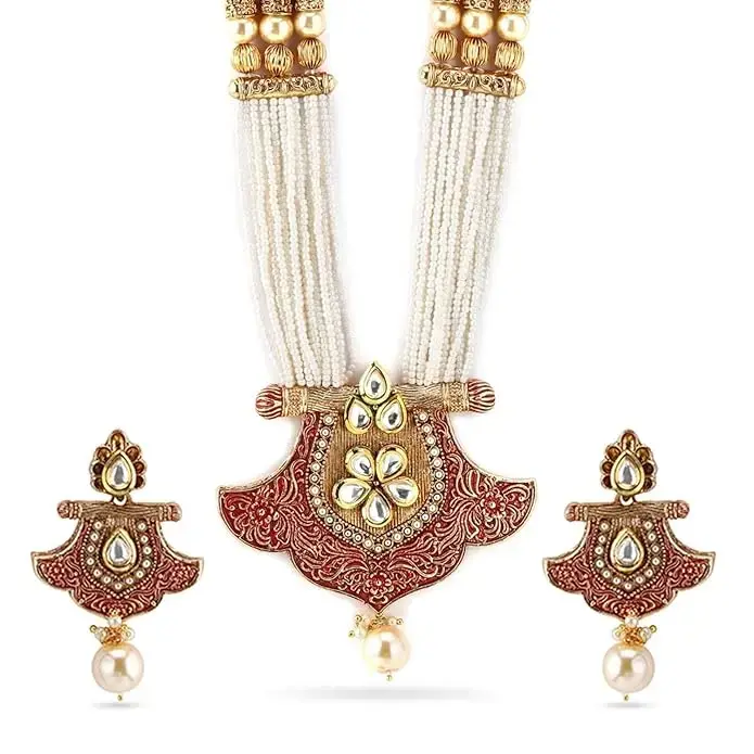 Rubans 18K Gold Plated Red Enamel & Kundan Studded White Pearl Beaded Multistrand Necklace Set for Women & Girls – Wedding & Festive Jewelry