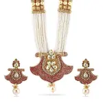 Rubans 18K Gold Plated Red Enamel & Kundan Studded White Pearl Beaded Multistrand Necklace Set for Women & Girls – Wedding & Festive Jewelry