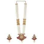 Rubans 18K Gold Plated Red Enamel & Kundan Studded White Pearl Beaded Multistrand Necklace Set for Women & Girls – Wedding & Festive Jewelry