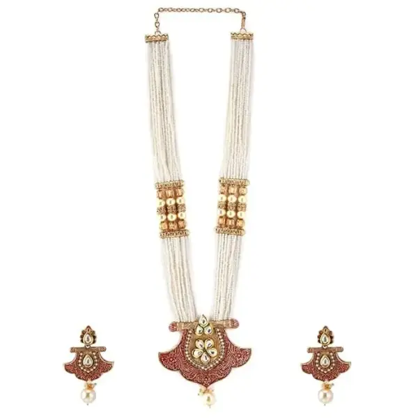 Rubans 18K Gold Plated Red Enamel & Kundan Studded White Pearl Beaded Multistrand Necklace Set for Women & Girls – Wedding & Festive Jewelry