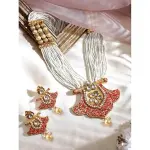 Rubans 18K Gold Plated Red Enamel & Kundan Studded White Pearl Beaded Multistrand Necklace Set for Women & Girls – Wedding & Festive Jewelry