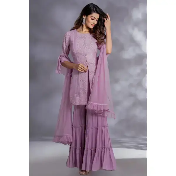 SEASONS-PINKISH PURPLE TIERED SHARARA SET WITH A CHIKAN KURTA TOP WITH BELL SLEEVES PAIRED WITH A MATCHING DUPATTA