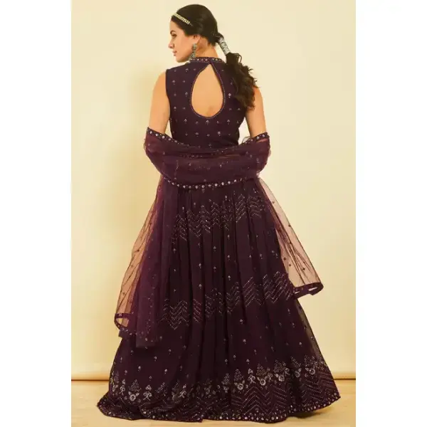 Soch-Wine Sequins Embellished Georgette Lehenga Choli with Dupatta