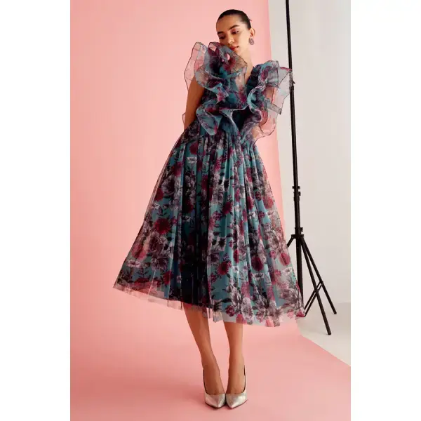 ZABBELA-Botanic Ruffled Tulle Midi Dress