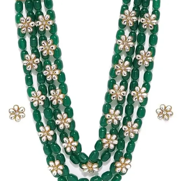 ZAVERI PEARLS Green Beads & Floral Kundan Necklace Set For Women-ZPFK9098