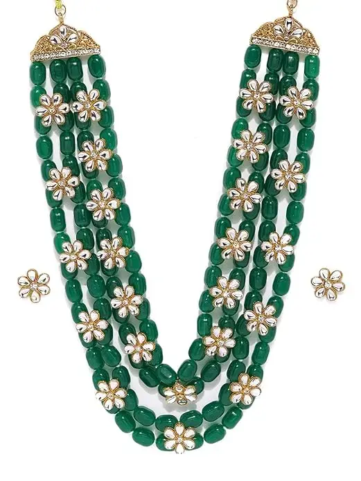 ZAVERI PEARLS Green Beads & Floral Kundan Necklace Set For Women-ZPFK9098