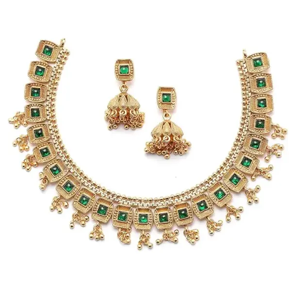 ZENEME Antique Gold-Plated Artificial Stone Studded Necklace with Earrings Jewellery Set