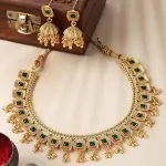ZENEME Antique Gold-Plated Artificial Stone Studded Necklace with Earrings Jewellery Set