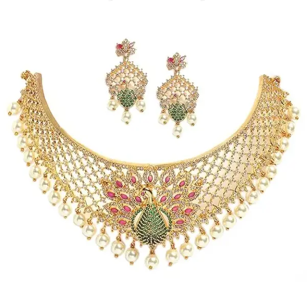 Zenem Gold Plated White & Red American Diamond Studded With Drop Pearl Beaded Jewellery Set For Women & Girl