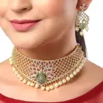 Zenem Gold Plated White & Red American Diamond Studded With Drop Pearl Beaded Jewellery Set For Women & Girl