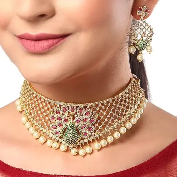 Zenem Gold Plated White & Red American Diamond Studded With Drop Pearl Beaded Jewellery Set For Women & Girl