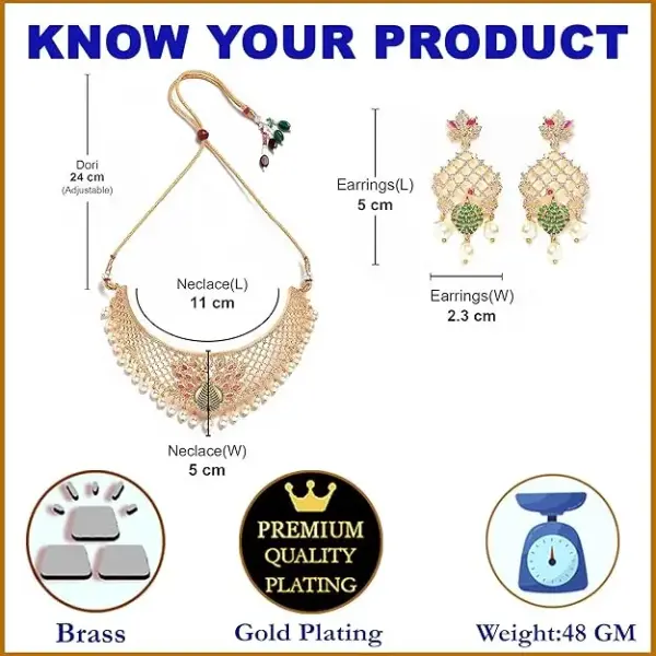 Zenem Gold Plated White & Red American Diamond Studded With Drop Pearl Beaded Jewellery Set For Women & Girl